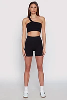 Womens Seamless One Shoulder Crop Top, Black,