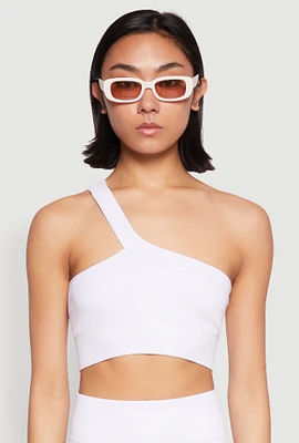 Womens Seamless One Shoulder Crop Top, White,