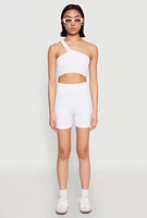 Womens Seamless One Shoulder Crop Top, White,