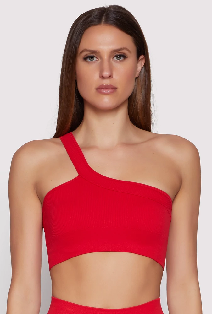 Womens Seamless One Shoulder Crop Top, Red, Size M