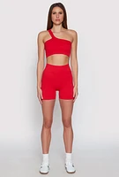 Womens Seamless One Shoulder Crop Top, Red, Size M