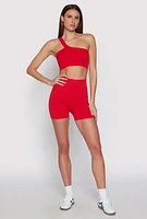 Womens Seamless One Shoulder Crop Top, Red, Size M