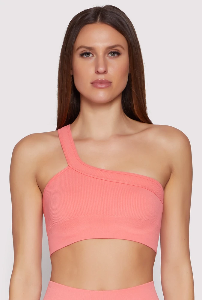 Womens Seamless One Shoulder Crop Top, Pink, Size S