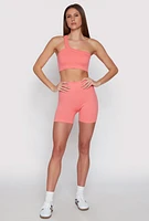 Womens Seamless One Shoulder Crop Top, Pink, Size M