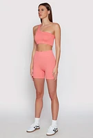 Womens Seamless One Shoulder Crop Top, Pink, Size S