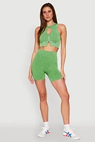 Womens Seamless Ribbed Knit Ruched Biker Shorts,