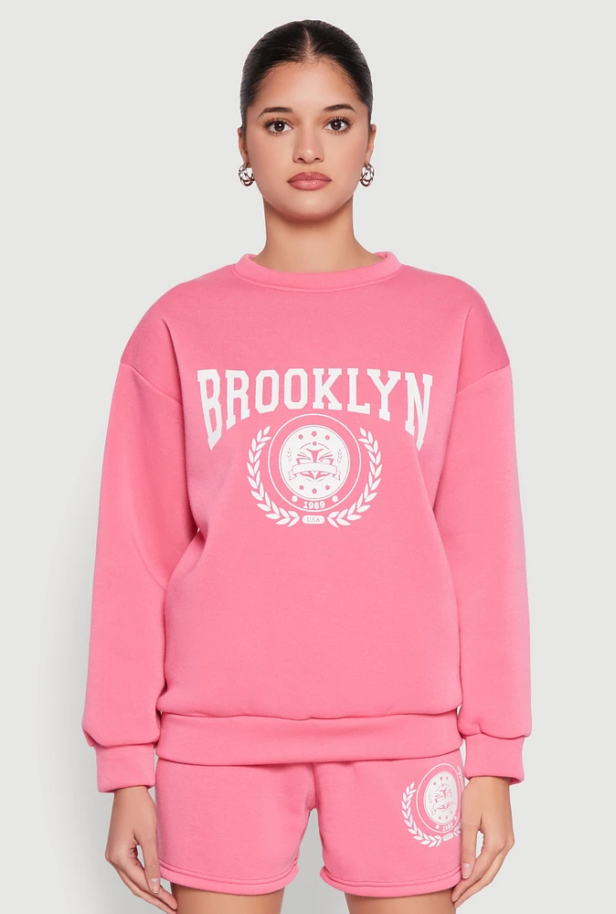 Womens Fleece Brooklyn Graphic Sweatshirt, Pink, Size S
