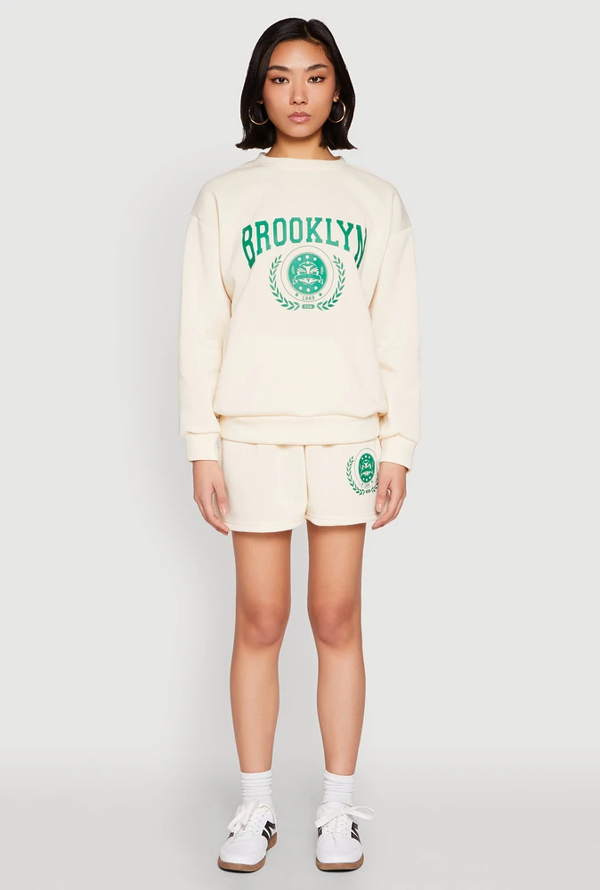 Womens Fleece Brooklyn Graphic Sweatshorts, Khaki,