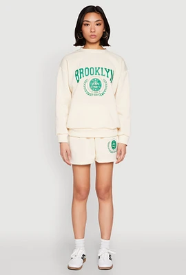Womens Fleece Brooklyn Graphic Sweatshorts, Khaki,