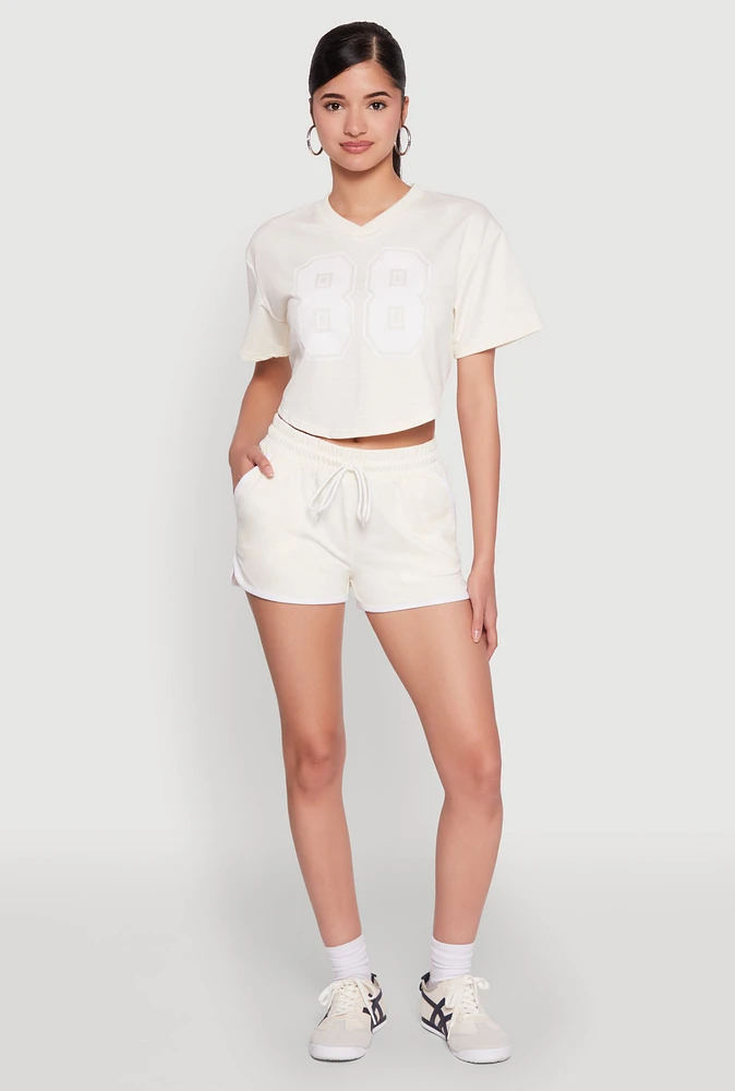 Womens 88 Graphic V Neck Crop Top, Beige, Size S