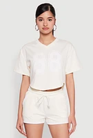 Womens 88 Graphic V Neck Crop Top, Beige, Size S