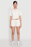 Womens 88 Graphic V Neck Crop Top, Beige, Size S