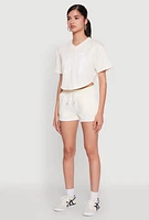 Womens 88 Graphic V Neck Crop Top, Beige, Size S