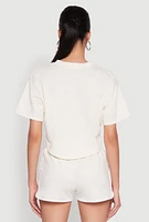 Womens 88 Graphic V Neck Crop Top, Beige, Size S