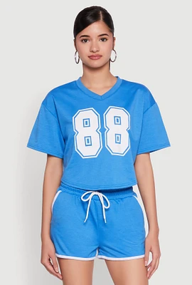 Womens 88 Graphic V Neck Crop Top, Blue, Size L