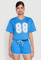 Womens 88 Graphic V Neck Crop Top, Blue, Size L