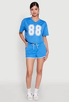 Womens 88 Graphic V Neck Crop Top, Blue, Size L