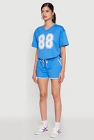 Womens 88 Graphic V Neck Crop Top, Blue, Size L