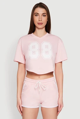 Womens 88 Graphic V Neck Crop Top, Pink, Size L