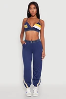 Womens Contrast Trim High Waisted Joggers, Blue,