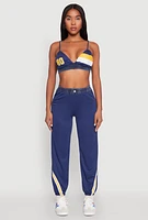 Womens Contrast Trim High Waisted Joggers, Blue,