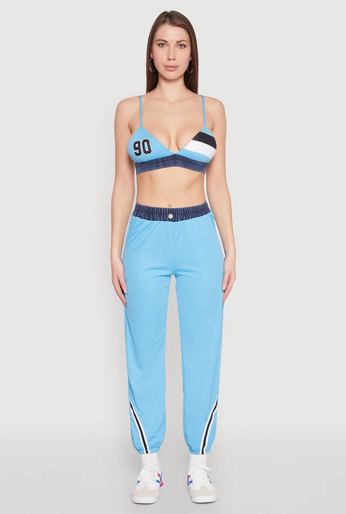 Womens Contrast Trim High Waisted Joggers, Blue,