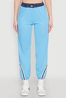 Womens Contrast Trim High Waisted Joggers, Blue,