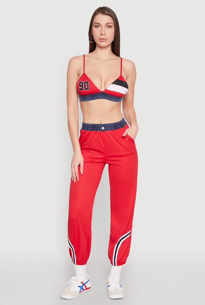 Womens Contrast Trim High Waisted Joggers, Red, Size M