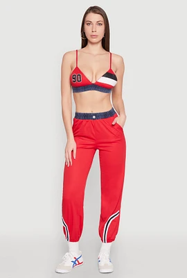 Womens Contrast Trim High Waisted Joggers, Red, Size M