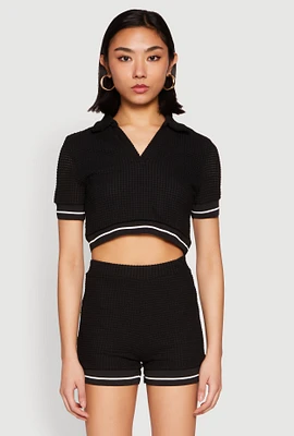 Womens Textured Knit Polo Crop Top,