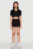 Womens Textured Knit Polo Crop Top,