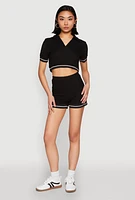 Womens Textured Knit Polo Crop Top,