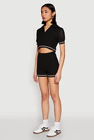 Womens Textured Knit Polo Crop Top,