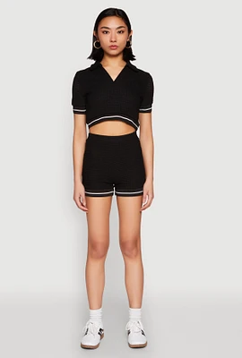 Womens Textured Knit Varsity Stripe Shorts, Black, Size L