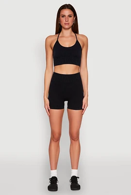 Womens Seamless Ribbed Knit Ruched Biker Shorts