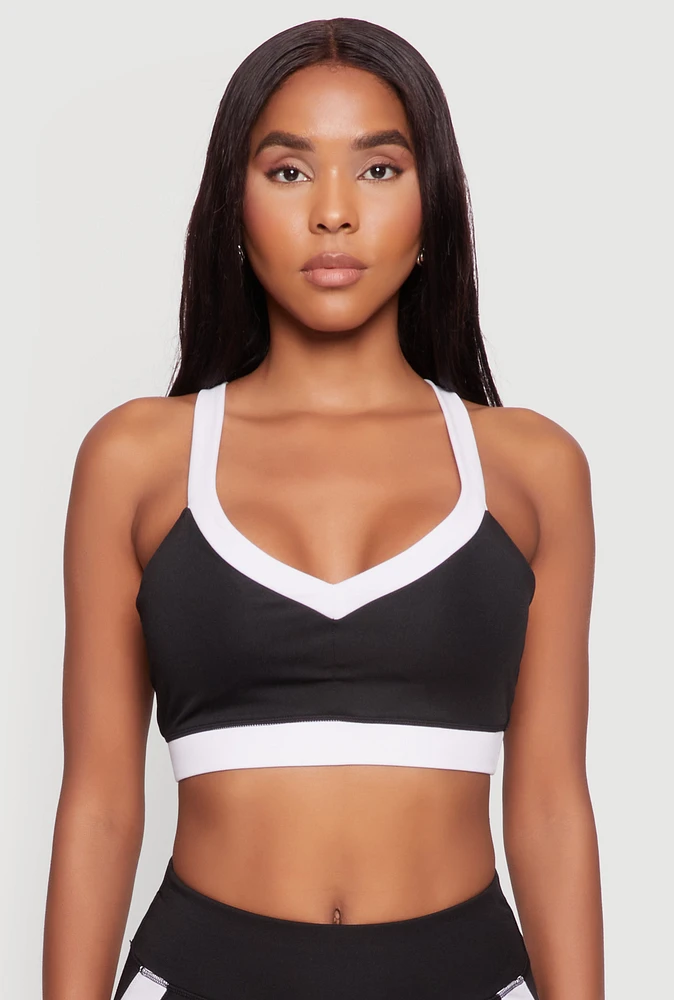 Womens Contrast Trim Cross Back Sports Bra, Black, Size L