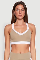 Womens Contrast Trim Cross Back Sports Bra, Beige,