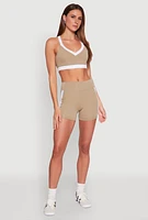 Womens Contrast Trim Cross Back Sports Bra, Beige,