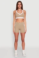 Womens Contrast Trim Cross Back Sports Bra, Beige,