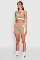 Womens Contrast Trim Cross Back Sports Bra, Beige,