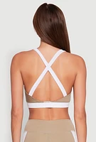 Womens Contrast Trim Cross Back Sports Bra, Beige,