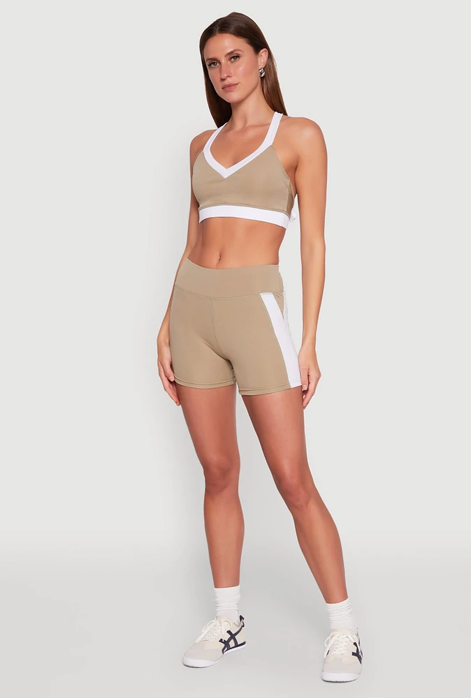 Womens Contrast Side Stripe Biker Shorts, Khaki, Size XL