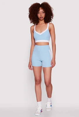 Womens Contrast Side Stripe Biker Shorts, Blue, Size M