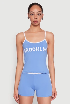 Womens Contrast Trim Brooklyn Graphic Cami, Blue, Size L