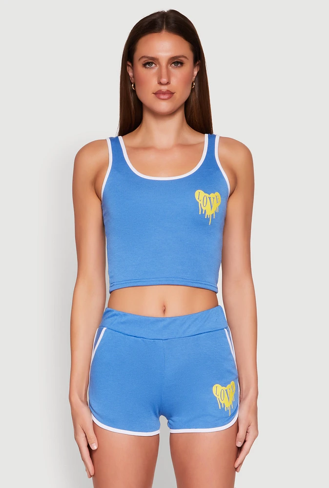 Womens Love Contrast Trim Cropped Tank Top, Blue, Size M