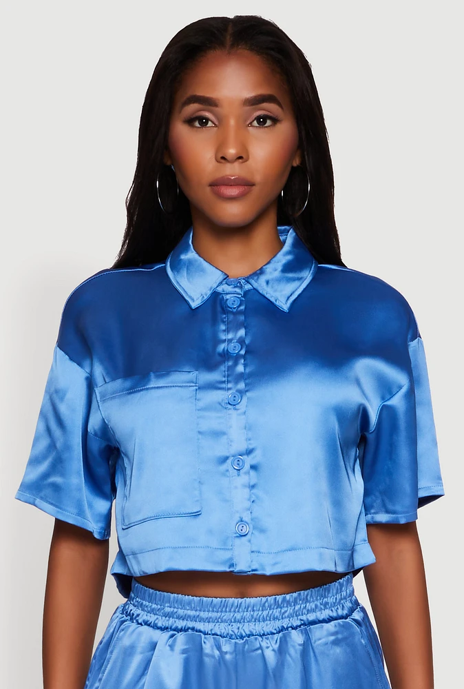 Womens Elegant Cropped Satin Button Front Shirt, Blue, Size L