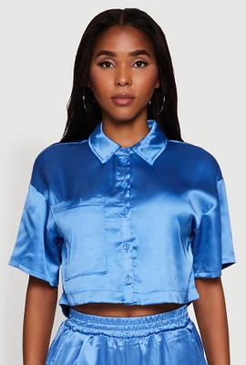 Womens Elegant Cropped Satin Button Front Shirt, Blue, Size L