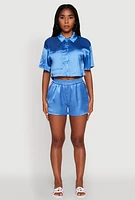 Womens Elegant Cropped Satin Button Front Shirt, Blue, Size L