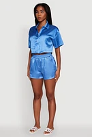 Womens Elegant Cropped Satin Button Front Shirt, Blue, Size L