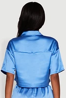 Womens Elegant Cropped Satin Button Front Shirt, Blue, Size L